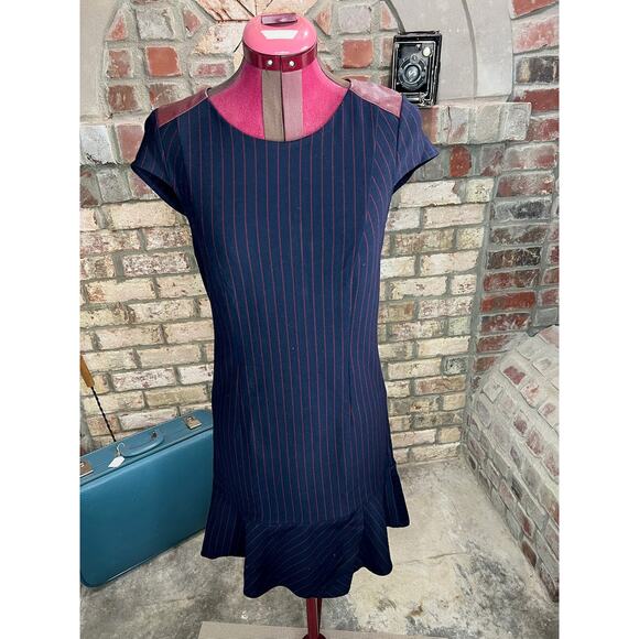 Vintage Dresses & Skirts - Dress bodycon knit striped navy red leather shoulders
